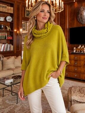 Cullen Mustard Yellow Rolled Neck 100% Cashmere Sweater Poncho Style Size M/L